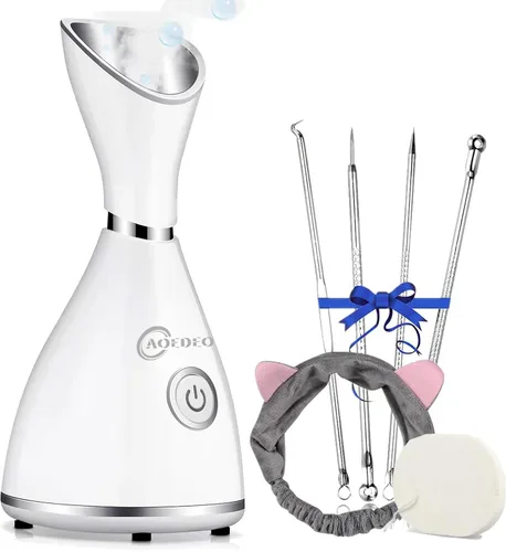 Vaporizador facial nano iónico, humidificador de niebla cálida para limpieza facial profunda, kit de piel de acero inoxidable de 4 piezas, banda