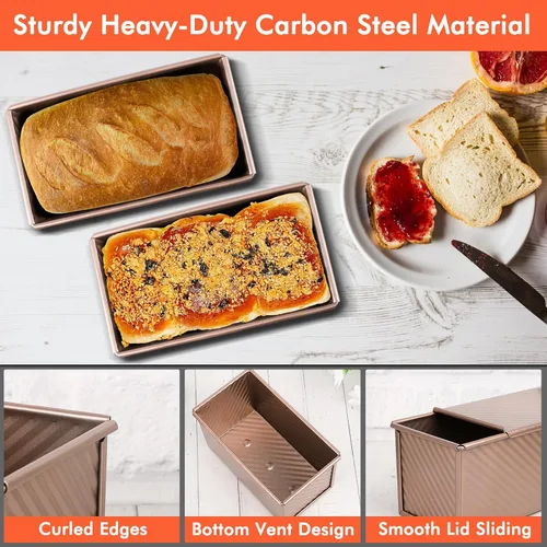 Miniatura 4 de Beasea Pullman - Molde para pan con tapa, paquete de 2, moldes para pan de 1 libra antiadherentes, caja para pan tostado de acero al carbono con Oro