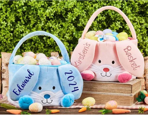 Miniatura 5 de Personalized Bunny Easter Basket, Custom Embroidered Monogram Easter Bucket Plush Easter Basket Kids Easter Gift Perfect for Toys and Candy