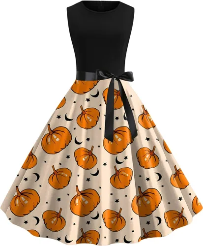 BAGELISE Vestido de Halloween para mujer, manga corta, estampado vintage, vestidos de fiesta en línea A