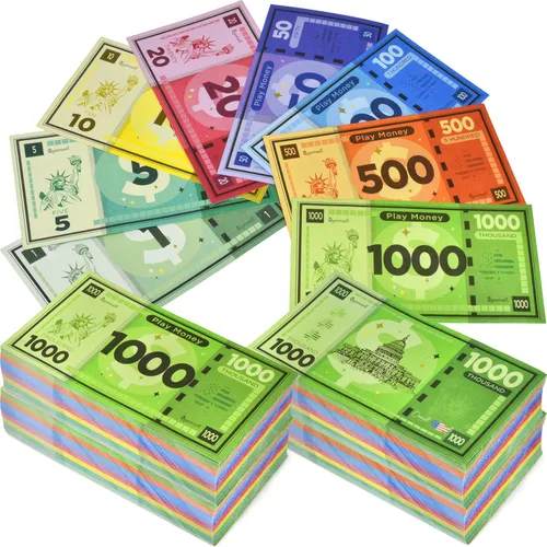 Miniatura 10 de Queensell Dinero de juego adecuado para juegos de mesa Monopoly – 480 piezas de 60 billetes de cada denominación – Papel de impresión de doble cara