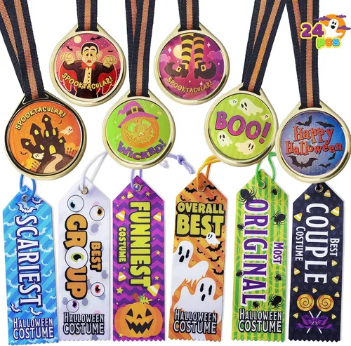 JOYIN 24 trofeos de medallas de Halloween con cintas para niños, celebración de premios de fiesta y recompensas espeluznantes de concursos,