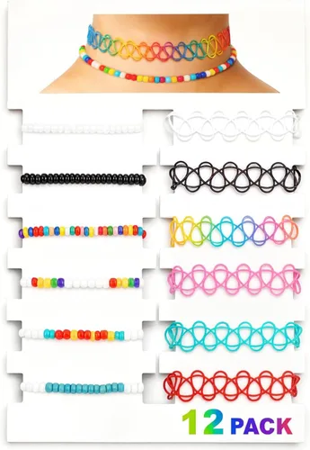 Miniatura 33 de BodyJ4You Juego de 12 gargantillas elásticas estilo tatuaje, accesorios y joyería de los años 90 y 2000, rosado, azul, verde, colorido, arcoíris
