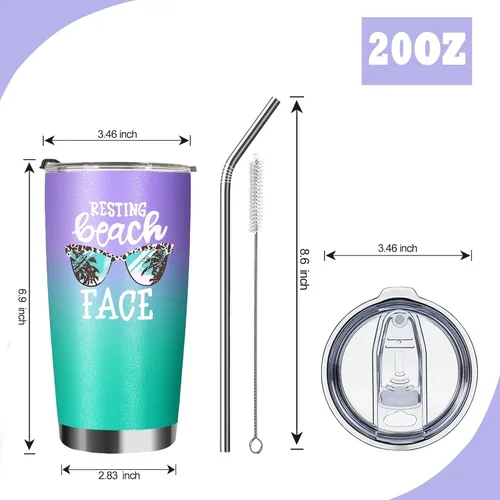 Miniatura 3 de ATHAND Vasos aislados de 20 onzas con tapa y pajilla, cara de playa en reposo, doble pared, acero inoxidable al vacío, para café, vino, taza