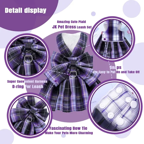 Miniatura 6 de PETCARE Vestido de perro a cuadros con pajarita y arnés para perros pequeños, gatos, niñas, lindos vestidos de princesa para perro, primavera