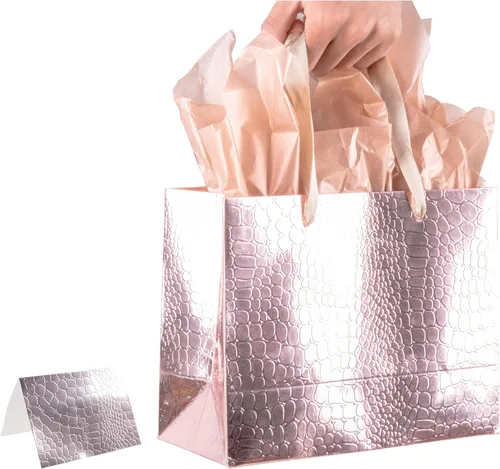 Lyforpyton Bolsas de regalo grandes de oro rosa con papel de seda y tarjeta de 13 x 10.2 x 4.3 pulgadas, bolsa de regalo con patrón de cocodrilo