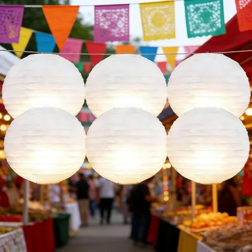 Miniatura 7 de 6 linternas de papel blancas con luces LED, linterna redonda de 12 pulgadas, lámpara de papel colgante para cumpleaños, boda, Navidad, novia