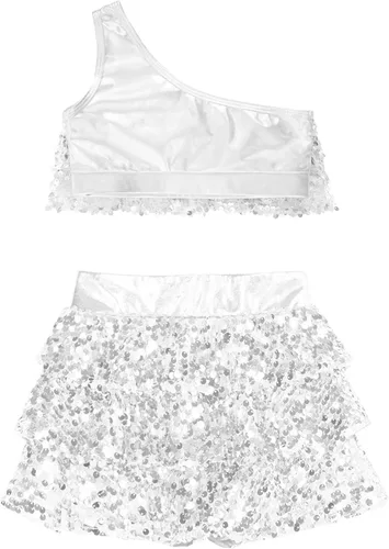 Miniatura 60 de JEATHA Top corto con borlas y lentejuelas brillantes para niñas, con minifalda, jazz latino, salsa, samba, rumba, baile