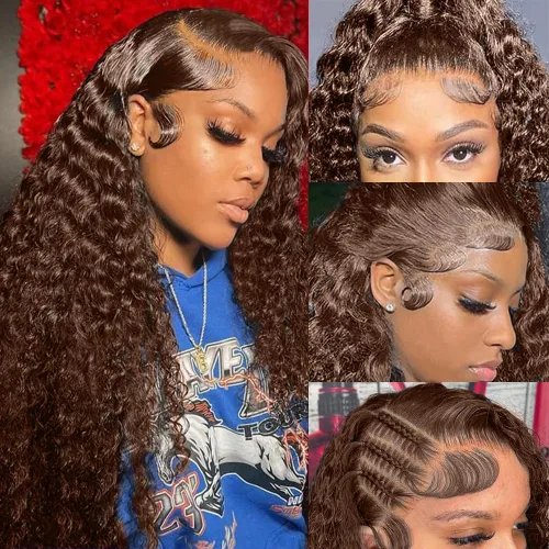 Miniatura 3 de CHEETAHBEAUTY Pelucas de cabello humano brasileño ondulado profundo #4 marrón chocolate 13X6 HD de encaje frontal transparente grado 10A rizado