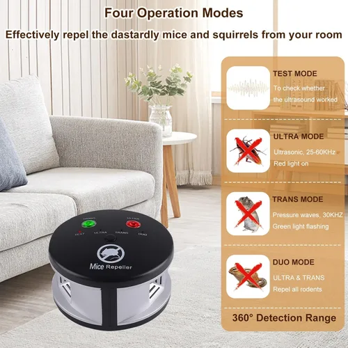 Miniatura 4 de Repelente ultrasónico de roedores para interiores, repelente ultrasónico de ratones con enchufe, disuasorio de plagas, control de 360°
