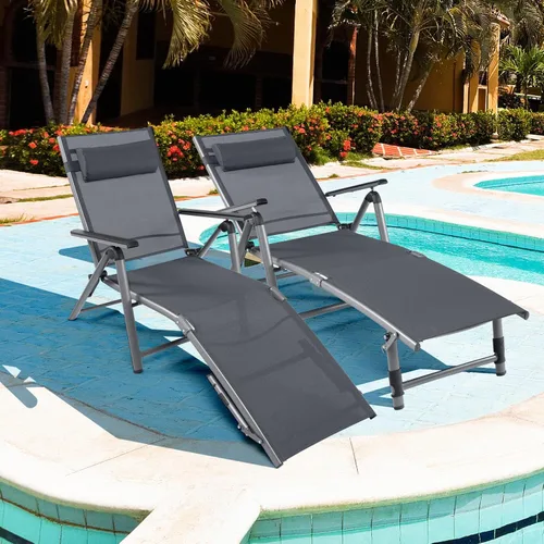 Tangkula 2 sillones de aluminio para exteriores, tumbona plegable para patio con 8 respaldos y 2 posiciones ajustables de patas, sillón reclinable