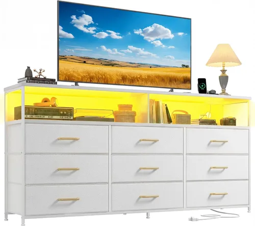 Miniatura 10 de Romorgniz Cómoda de 55 pulgadas de ancho para dormitorio con 9 cajones, soporte de TV LED con tomas de corriente para TV de 45, 55, 65 pulgadas