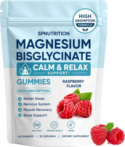 Gomitas de bisglicinato de magnesio, 400 mg de quelato de bisglicinato de magnesio con sal marina y polvo de frambuesa, apoya el sueño, la
