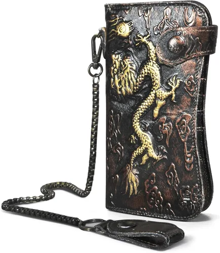 Handadsume Genuino caballo loco cuero viaje regalo moneda bolsillo tarjeta caso largo organizador cadena Rfid monedero con broche para hombres