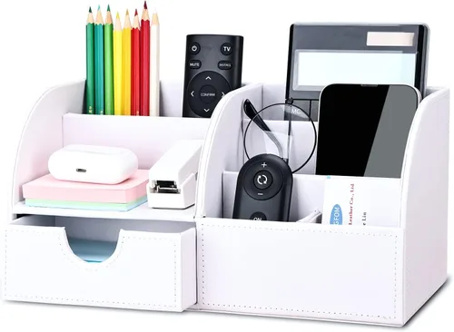 Miniatura 12 de Organizador de escritorio de polipiel con 7 compartimentos de almacenamiento para artículos de papelería, tarjetas de visita, lápices, bolígrafos