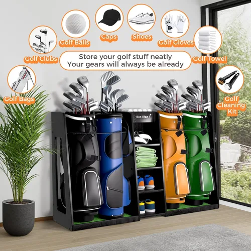 Miniatura 3 de SuniBoxi Organizador de golf para garaje, estante de almacenamiento de madera XL para 4 bolsas, clubes, pelotas y equipos, soporte para bolsas