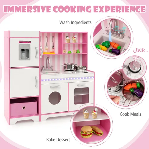 Miniatura 4 de KOTEK Juego de cocina con luces y sonidos, juego de cocina de madera para niños pequeños con máquina de hielo, lavadora, 16 accesorios y estufa, Rosa