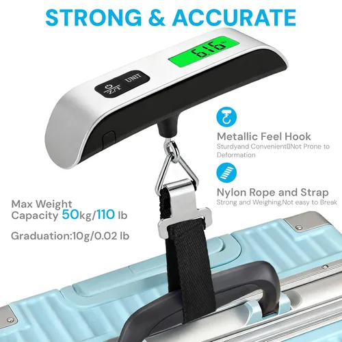Miniatura 4 de Báscula digital de equipaje, báscula de equipaje portátil de 110 libras para viajes con pantalla LCD retroiluminada, conmutación de 4