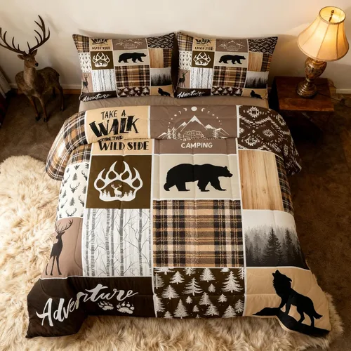 Miniatura 204 de Juego de edredón de cuernos de ciervo tamaño individual, juego de ropa de cama rústica de granja con huellas de oso y pinos para decoración