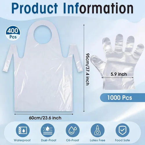 Miniatura 2 de Mifoci Juego de 400 delantales desechables y 1000 pares de guantes de preparación de alimentos, delantales de plástico impermeables envueltos
