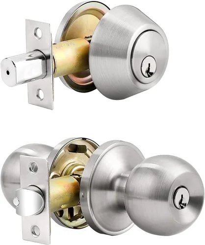 Miniatura 23 de Probrico 2 Juegos de Pomos para Puerta Exterior Delantera con Pestillos de Cilindro Único Níquel Satinado, Pomos Redondos para Puerta de Entrada