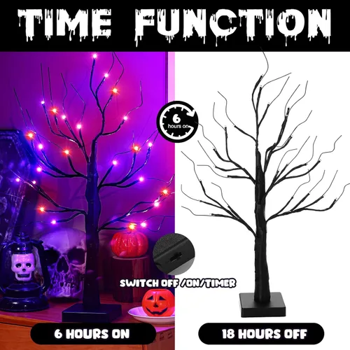 Miniatura 5 de Ganeen 2 piezas de decoración de Halloween para interiores de 24 pulgadas/2 pies iluminados naranja y morado árbol de abedules con temporizador, 48