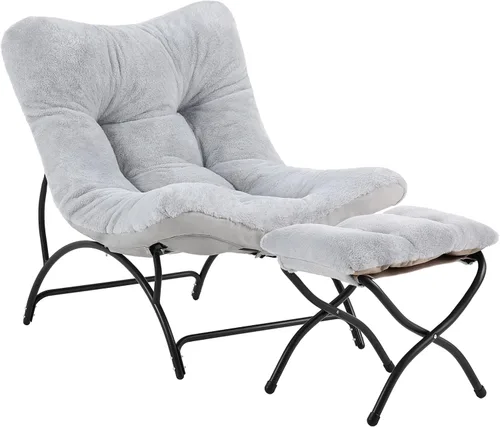 Miniatura 11 de Tiita - Silla acentuada perezosa con otomana, cómoda silla de ocio con estructura metálica y tela de felpa, silla reclinable acogedora con asiento