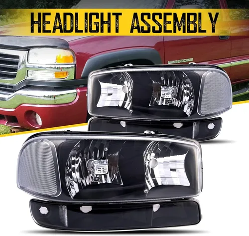 Miniatura 7 de KAX Conjunto de faros, repuesto negro para Sierra 1999-2006, Yukon 2000-2006, Sierra 1500 Classic Hybrid/SL/SLE/SLT/WT, GM2502188 GM2503188 GM2503188