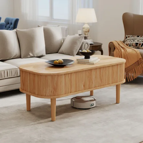 Miniatura 8 de Mesa de centro acanalada con tapa elevable y almacenamiento oculto, mesa de centro ovalada con tapa elevable, diseño moderno de mediados de siglo