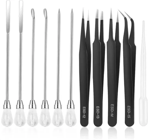 Miniatura 13 de MSDADA Juego de 11 herramientas de molde de resina de silicona, aguja para agitar, cuchara, herramientas de pinzas, kit de precisión, pinzas