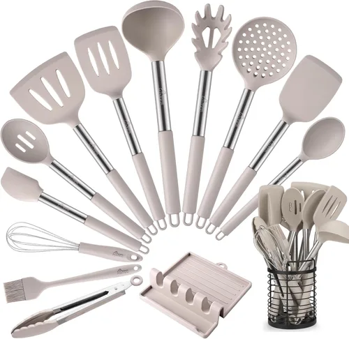 HOTEC Utensilios de cocina de silicona resistentes al calor de 446 °F, juego de utensilios de cocina, juego de espátula, sin BPA, utensilios de Caqui
