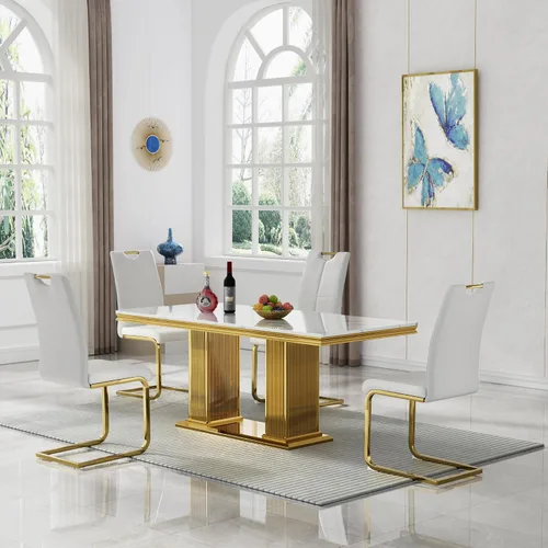 Miniatura 42 de 5 Piece Black Marble Dining Table Set for 4, Modern Faux Marble Kitchen Dining Room Tables with 4 Leather Chairs Set, 68.11" Luxury Rectangular