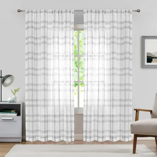 Miniatura 12 de Randall Paneles de Cortinas Geométricas Modernas Par Suave al Tacto Filtrado de Luz Negro Semi-Transparente Aspecto de Lino Cortinas con Diseño