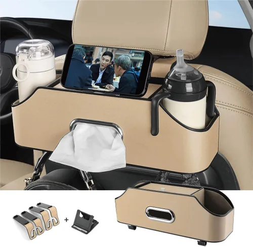 Miniatura 7 de Organizador de asiento trasero de automóvil con 2 portavasos para bebidas, soporte para pañuelos, ganchos para asiento de automóvil