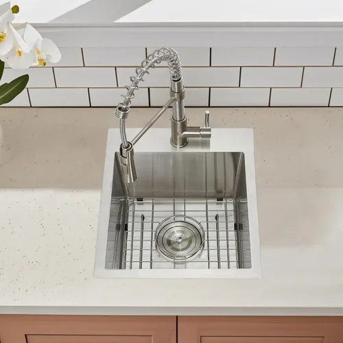 Miniatura 8 de 15x15 Inch Drop In Bar Sinks, Top Mount Handmade Single Bowl Small Kitchen Sink, 16 Gauge Stainless Steel Brushed Nickel for Wet Bar Prep RV Outdoor