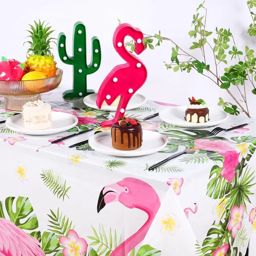 Miniatura 5 de Preboun 3 manteles de verano con diseño de flamenco para fiestas, mantel de plástico tropical hawaiano, 54 x 108 pulgadas, decoración de mesa rosa