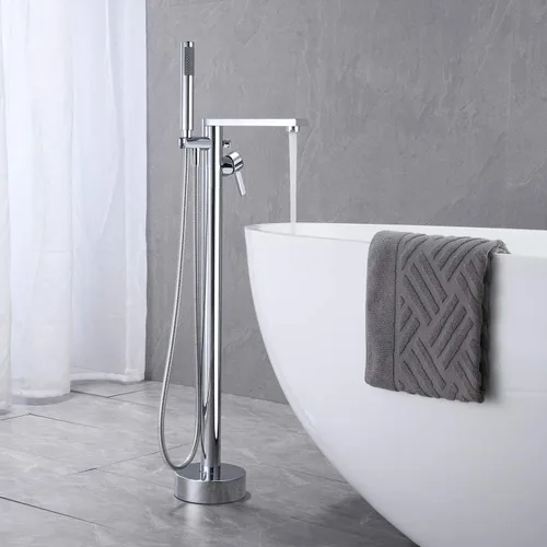 Miniatura 3 de Wowkk Grifo de bañera independiente Llenador de bañera Cromo Montaje en el suelo Latón de una sola manija Grifos de baño con ducha de mano Cromado