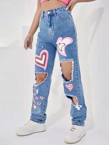 Miniatura 5 de Floerns Pantalones de mezclilla rectos con estampado de cintura alta y pierna ancha para mujer