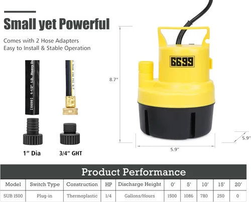 Miniatura 4 de Bomba sumergible de sumidero 1/4 HP 1500 GPH Bomba de agua termoplástica eléctrica portátil de transferencia con cable de 10 pies para piscina