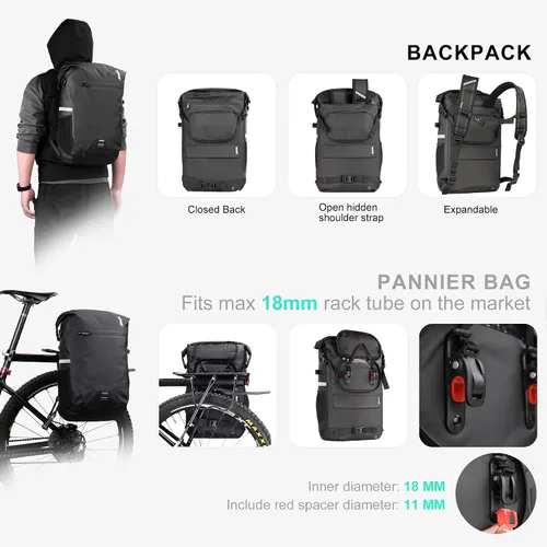 Miniatura 3 de Rhinowalk Bolsa de alforja para bicicleta, impermeable, 22L, bolsa de maletero trasera para ciclismo, ciclismo, viajes, equitación Negro