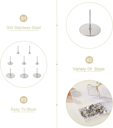 Miniatura 2 de Craftdady 400 aretes de acero inoxidable de 0.15 a 0.55 pulgadas, 8 tamaños, almohadillas planas, redondas, en blanco, para hacer joyas Almohadilla