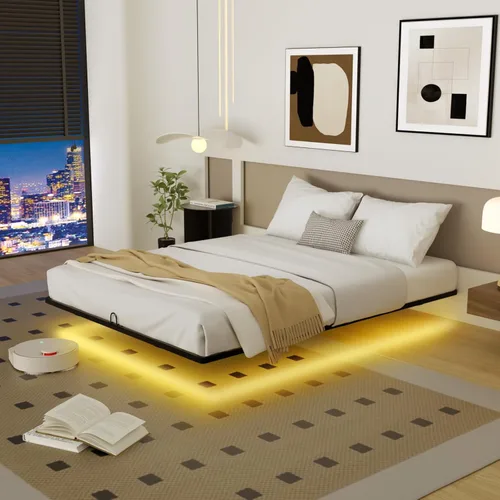 Miniatura 11 de Base de cama flotante tamaño individual, marco de cama individual con luces LED inteligentes, cama de plataforma de metal moderna y resistente
