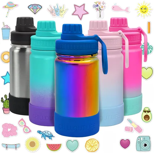 Miniatura 32 de CHILLOUT LIFE Botella de agua aislada para niños de 12 onzas para la escuela con tapa de boquilla a prueba de fugas y bonitas calcomanías Azul