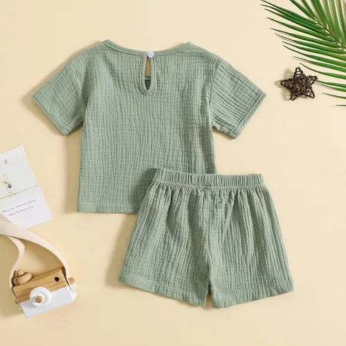 Miniatura 3 de Conjunto de 2 piezas de camiseta de algodón y lino de manga corta y pantalones cortos elásticos, 2 piezas, ropa casual de verano
