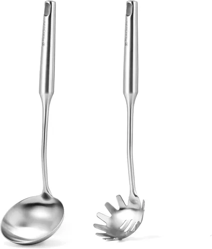 Juego de cucharón de sopa y cuchara de espaguetis de acero inoxidable, cuchara grande, colador de pasta, utensilios de cocina duraderos para