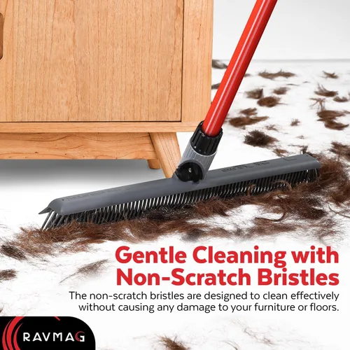 Miniatura 6 de Rastrillo y Rasqueta de Goma de Silicona 2 en 1 – Escoba giratoria para eliminación de pelo de mascotas con 1 mango largo – Cerdas laterales