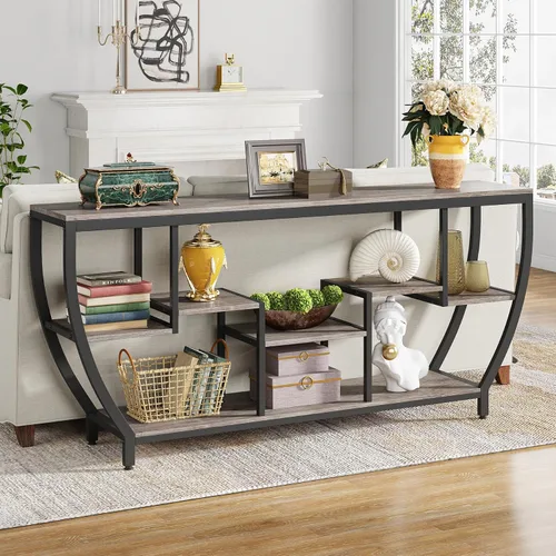 Tribesigns Mesa de sofá de 70.9 pulgadas de largo con estantes, mesa consola rústica con almacenamiento, mesa de entrada industrial, soporte de TV,