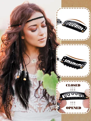 Miniatura 5 de Bencailor 10 pinzas para el pelo de plumas y diadema hippie extensiones de pelo para Halloween, disfraz de pirata indio para mujeres y niñas