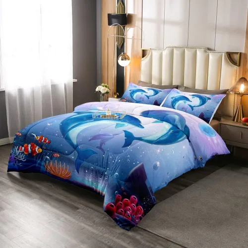 Miniatura 2 de Edredón de plumón de delfín para niños, juego de edredón del mundo submarino, juego de ropa de cama coral de peces dorados, tamaño individual