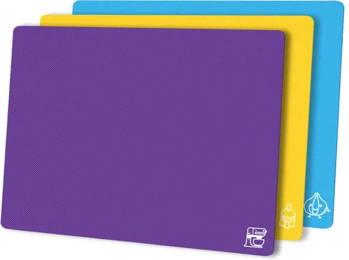 ZVP Juego de 3 tablas de cortar de plástico flexibles para cocina, tablas de cortar con icono de comida, alfombrillas de corte antideslizantes para